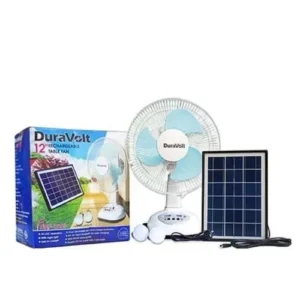 Duravolt 12" Rechargeable Table Fan With Solar Panel and 2 Bulbs